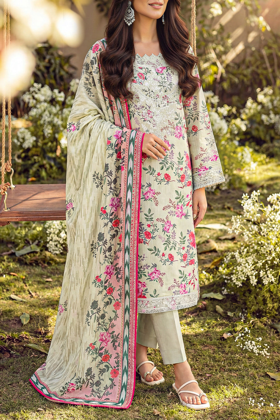 Unstitched Printed Embroidered Strip Lawn 3 Piece