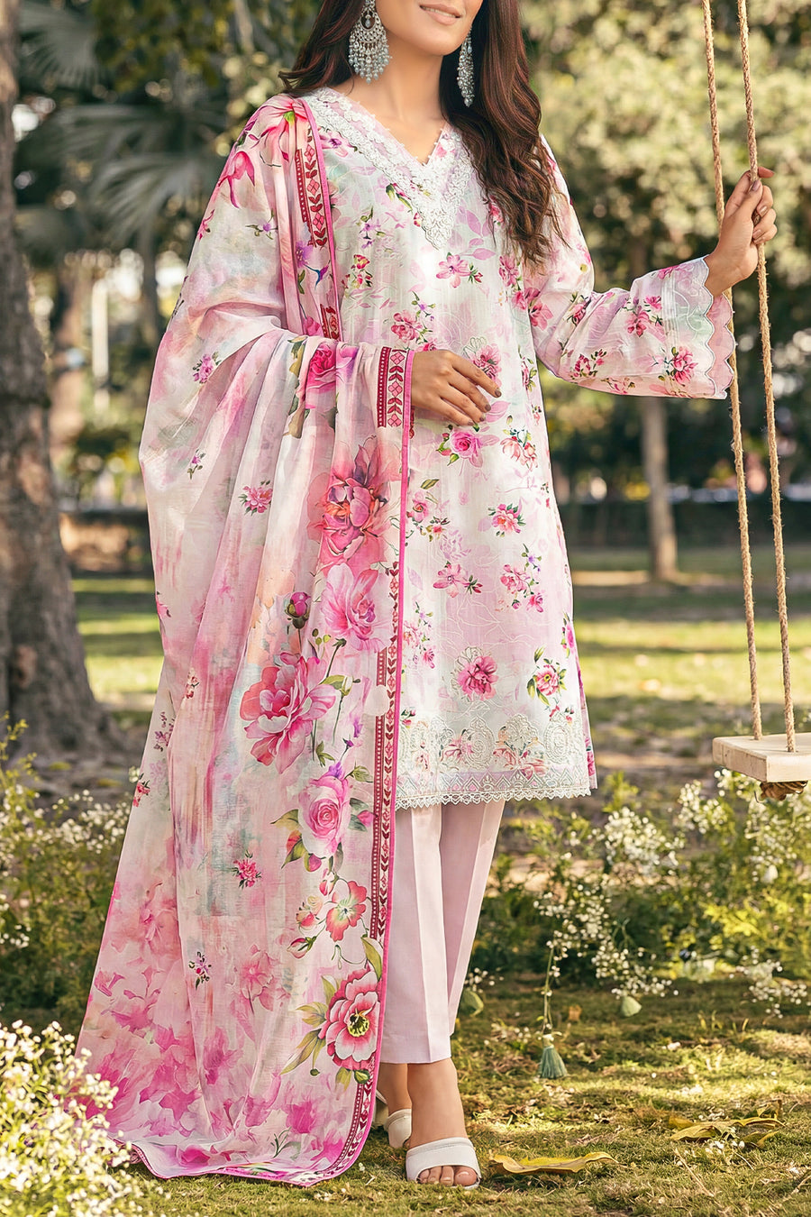 Unstitched Printed Embroidered Strip Lawn 3 Piece