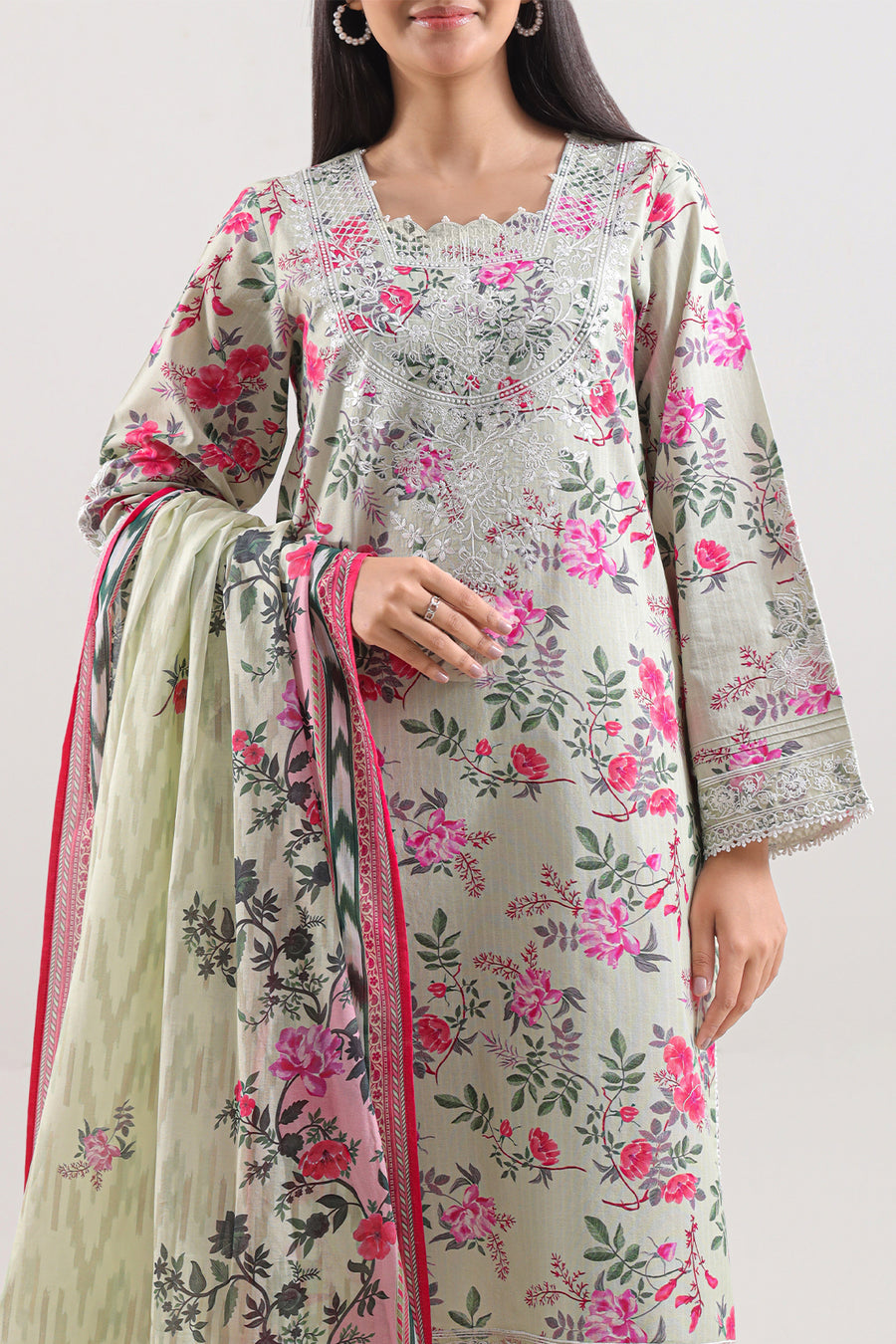 Unstitched Printed Embroidered Strip Lawn 3 Piece