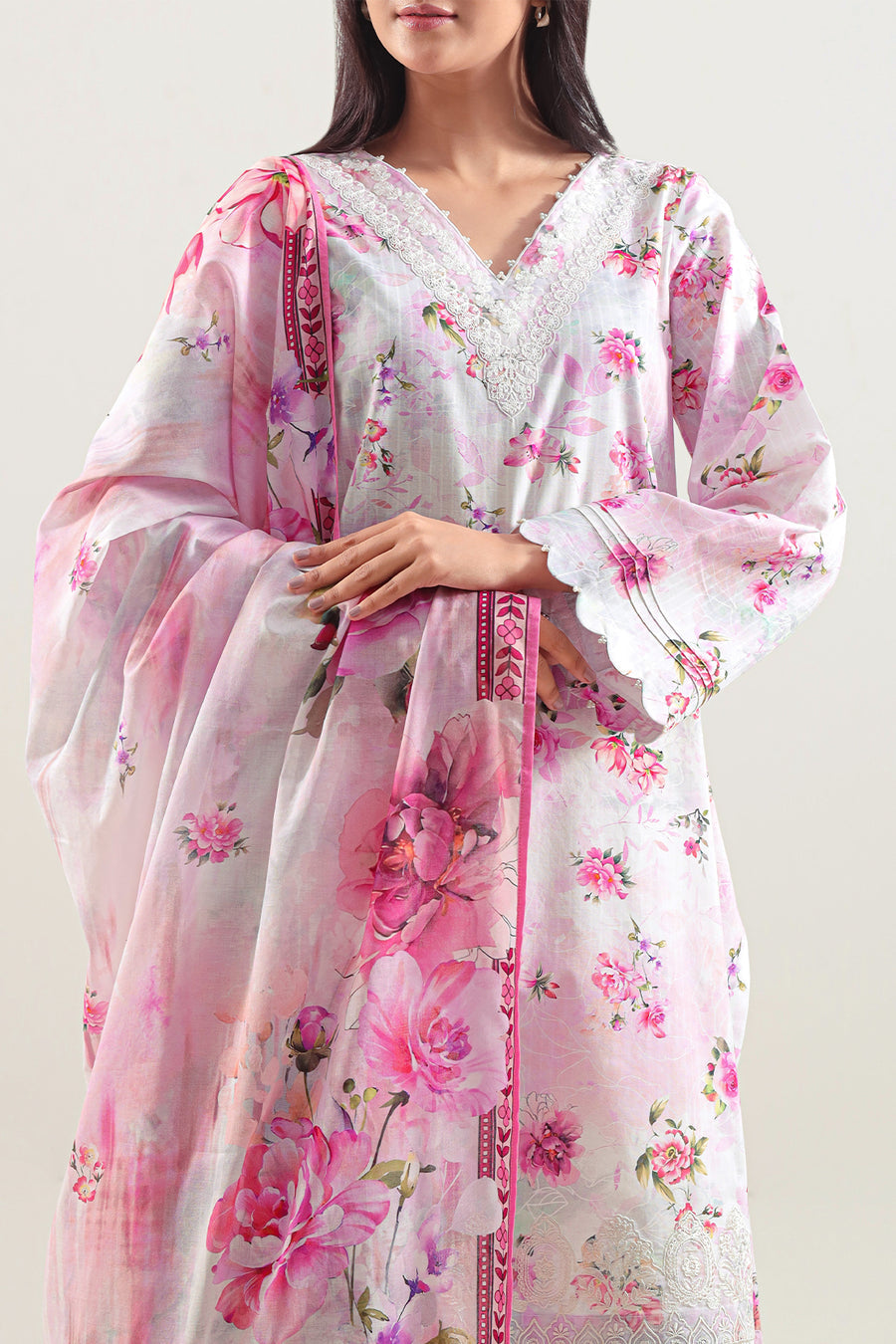 Unstitched Printed Embroidered Strip Lawn 3 Piece